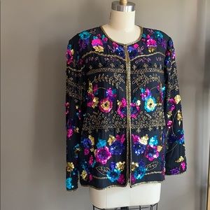 80’s sequin jacket top beaded black flower pink